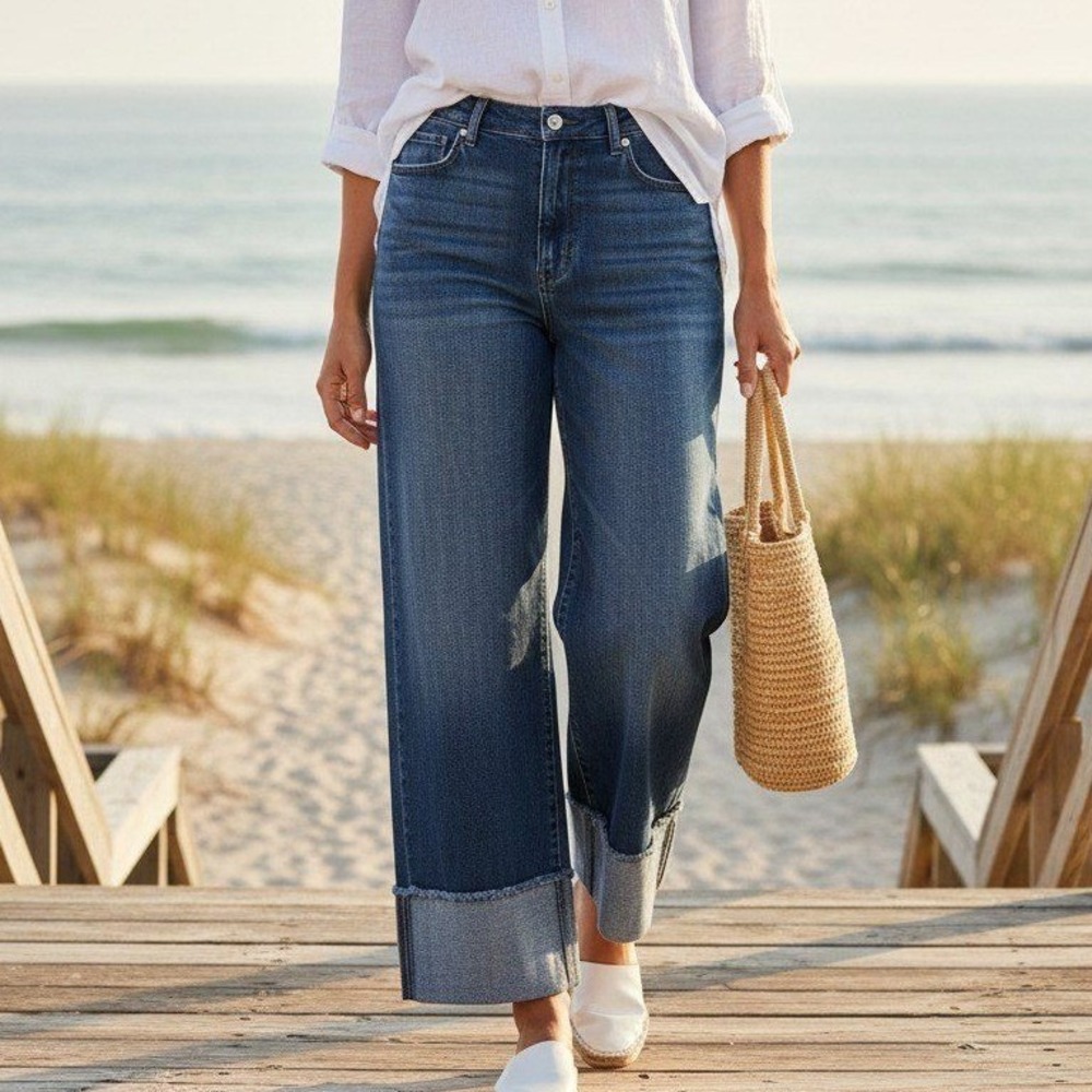 J. Jill High Rise Straight Leg Jeans 10P Blue Stretch Raw Hem Cuffed Coastal